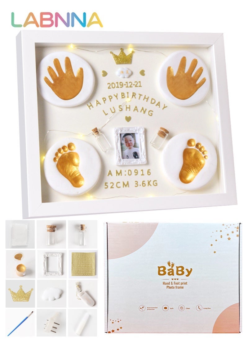 LABNNA Baby Handprint and Footprint Clay Frame,Personalized Keepsake Kit with Gold Lettering and Glass Display Perfect for Newborns Modern White Design Ideal Baby Memory Gift Nursery Picture Frames - Image 1